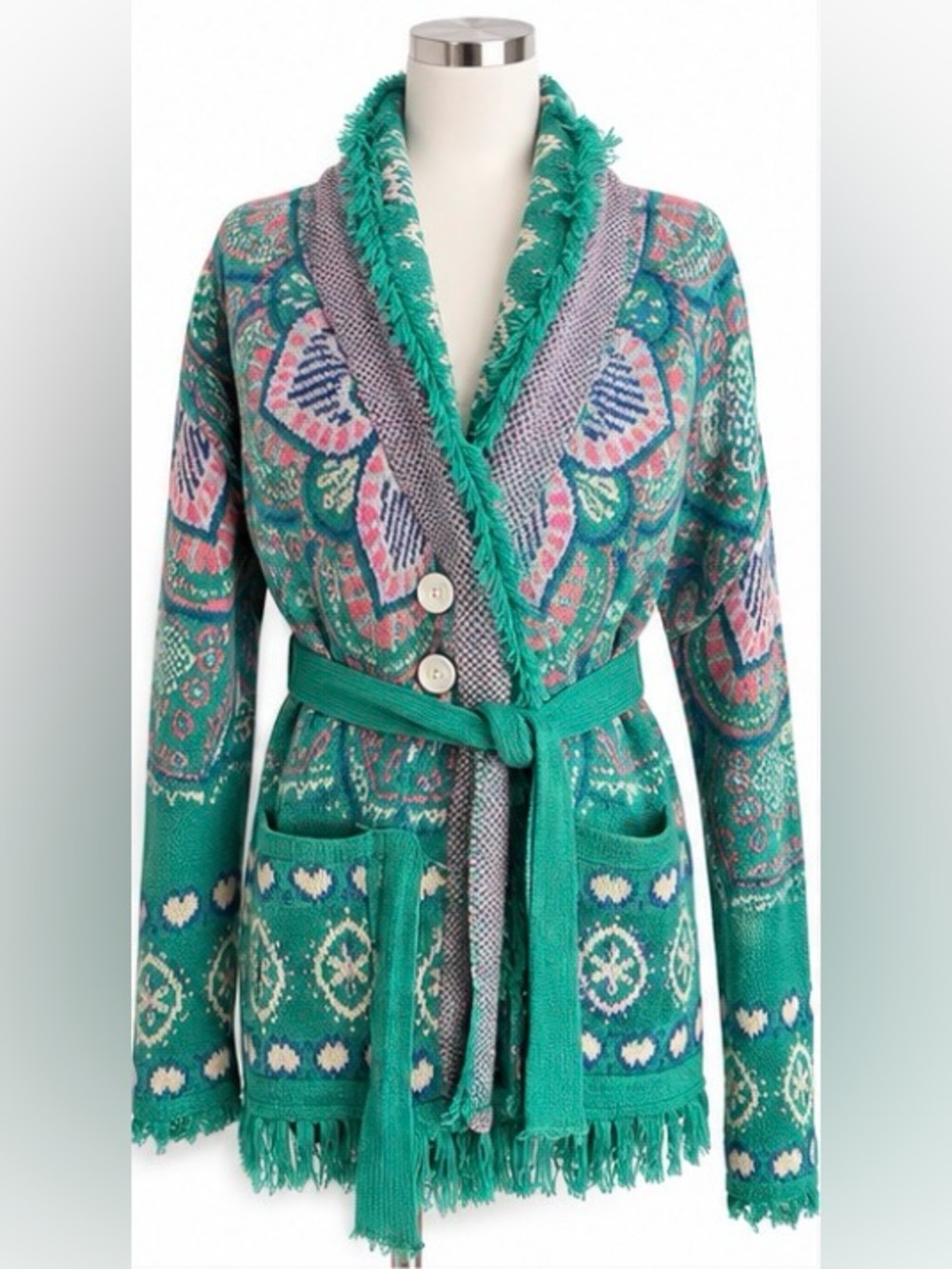 Hale Bob Amari Jacquard Wrap Cardigan Belted Fringe Sample Small